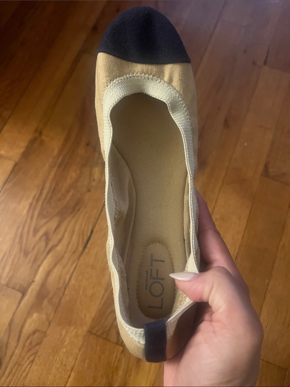 LOFT Beige Canvas Ballet Flat with Black Cap Toe